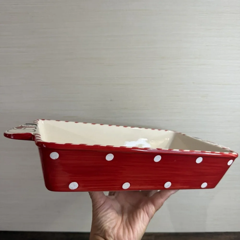 Nantucket Home Christmas Snowman Ceramic Loaf Baking Dish Pan Stripes Polka Dot
